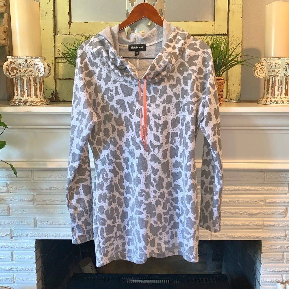Betabrand Gray Leopard Print Hooded Cowl Neck Sweater Lounge Casual Size M